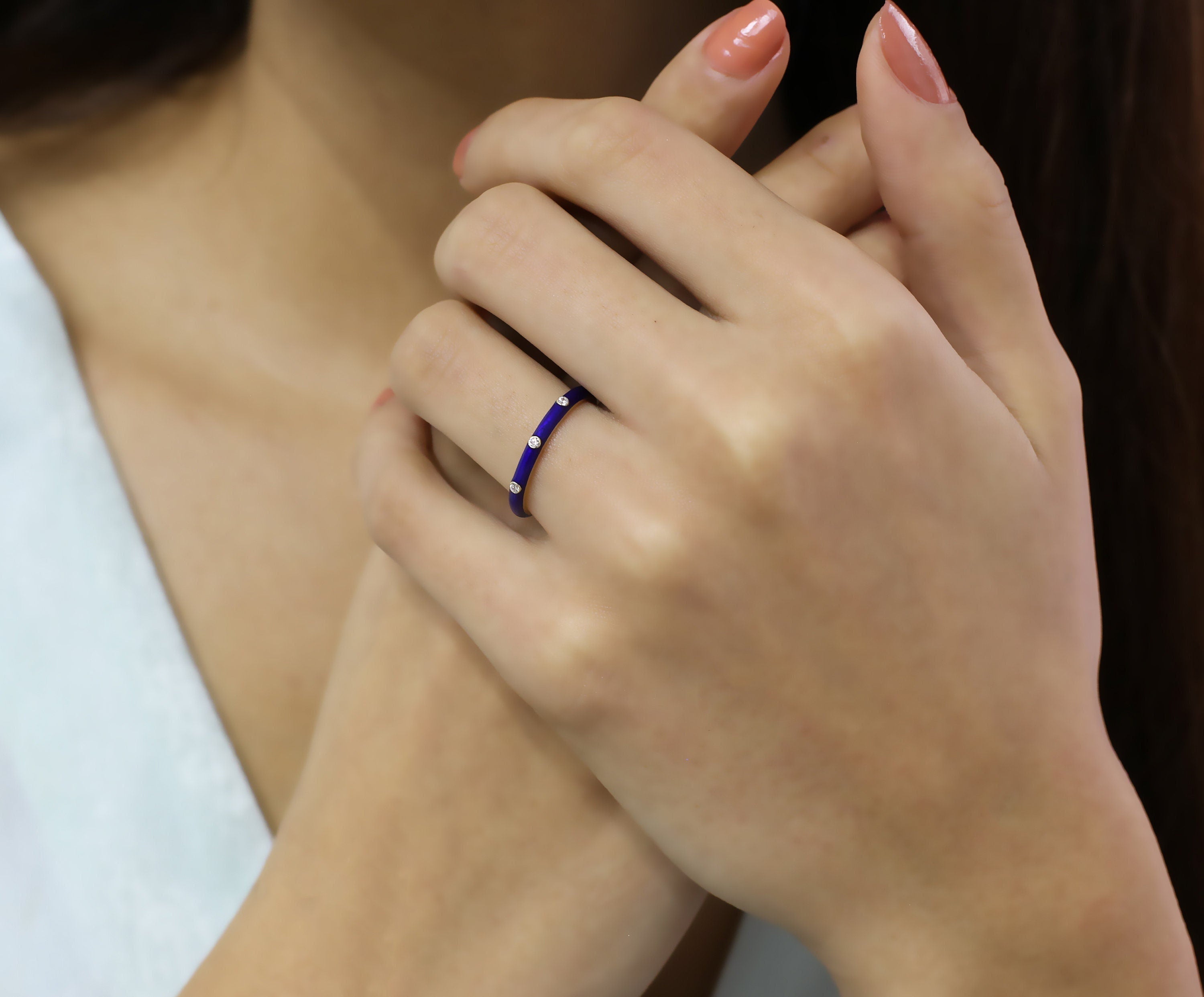 14K Gold Diamond Navy Blue Enamel Ring – Prisme