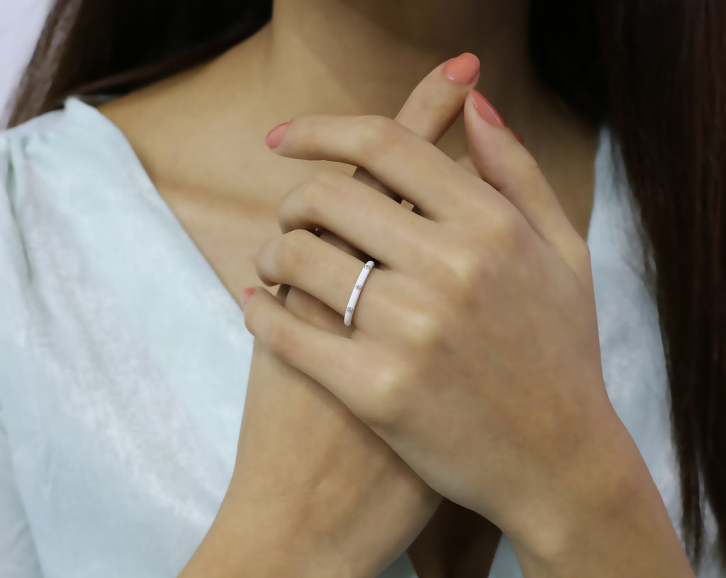 14K Gold Diamond White Enamel Ring – Prisme