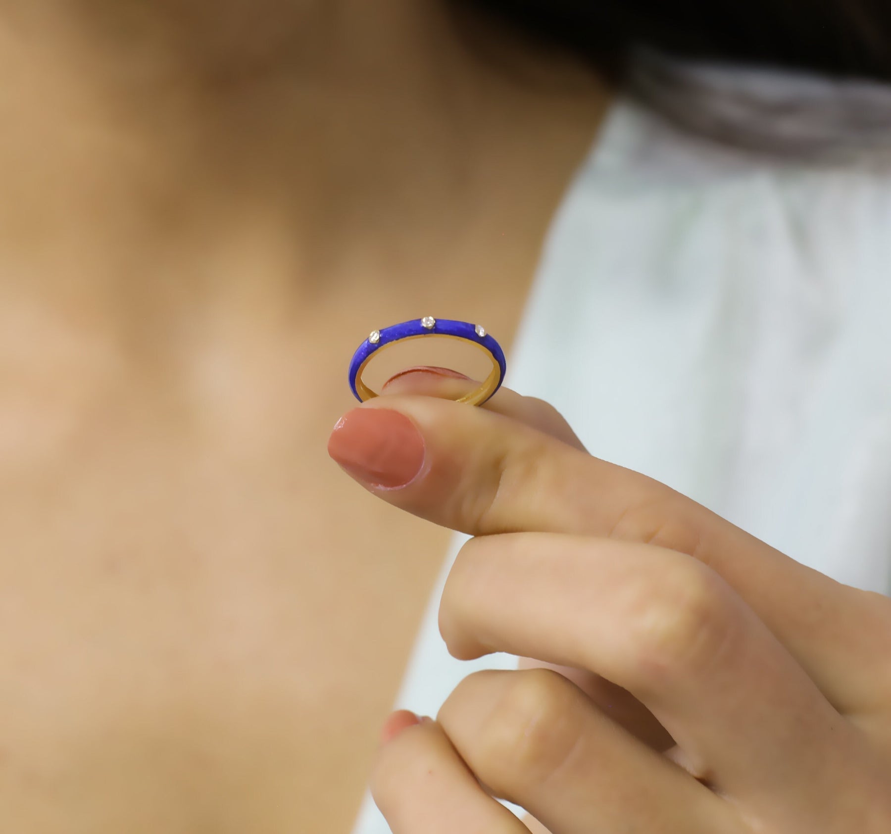 14K Gold Diamond Pearl Blue Enamel Ring – Prisme