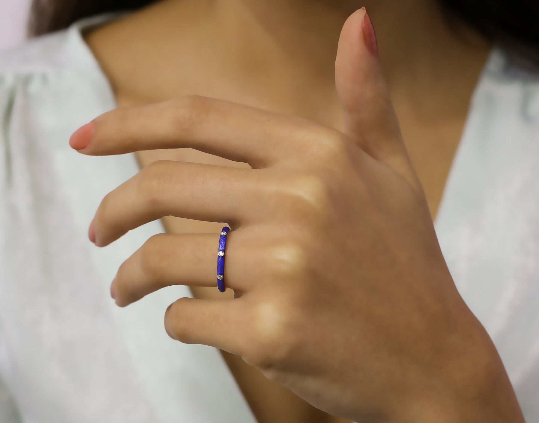 14K Gold Diamond Pearl Blue Enamel Ring – Prisme