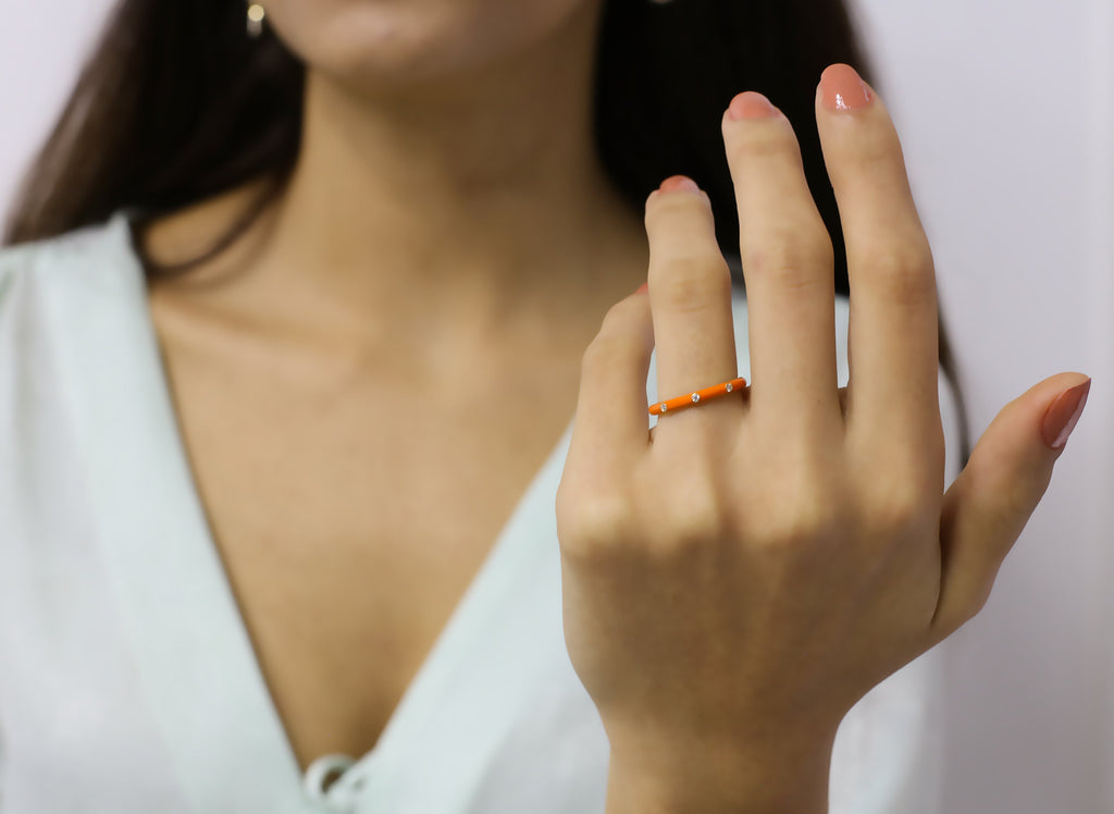 14K Gold Diamond Orange Enamel Ring – Prisme