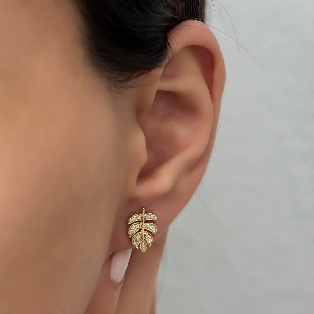14K Gold Diamond Leaf Stud Earrings – Sylva