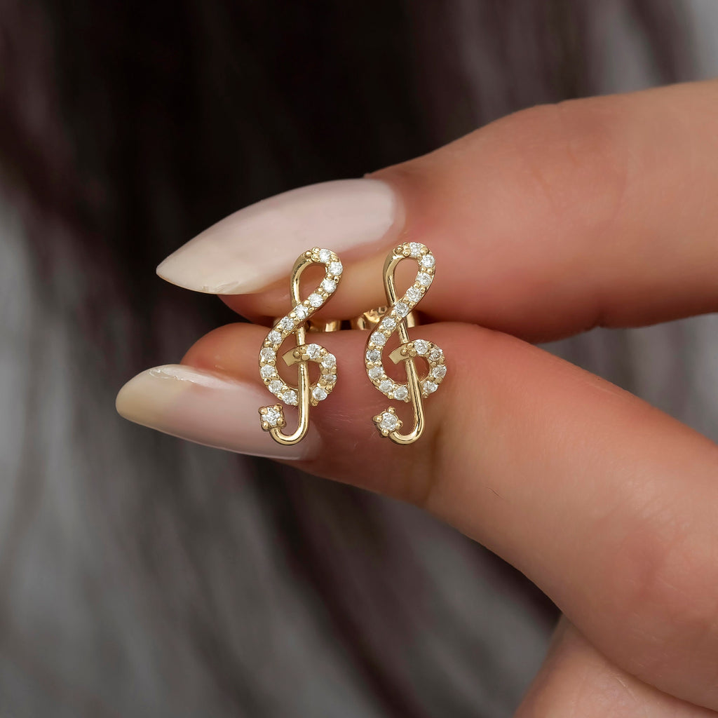 14K Gold Diamond Treble Clef Stud Earrings — Lyra