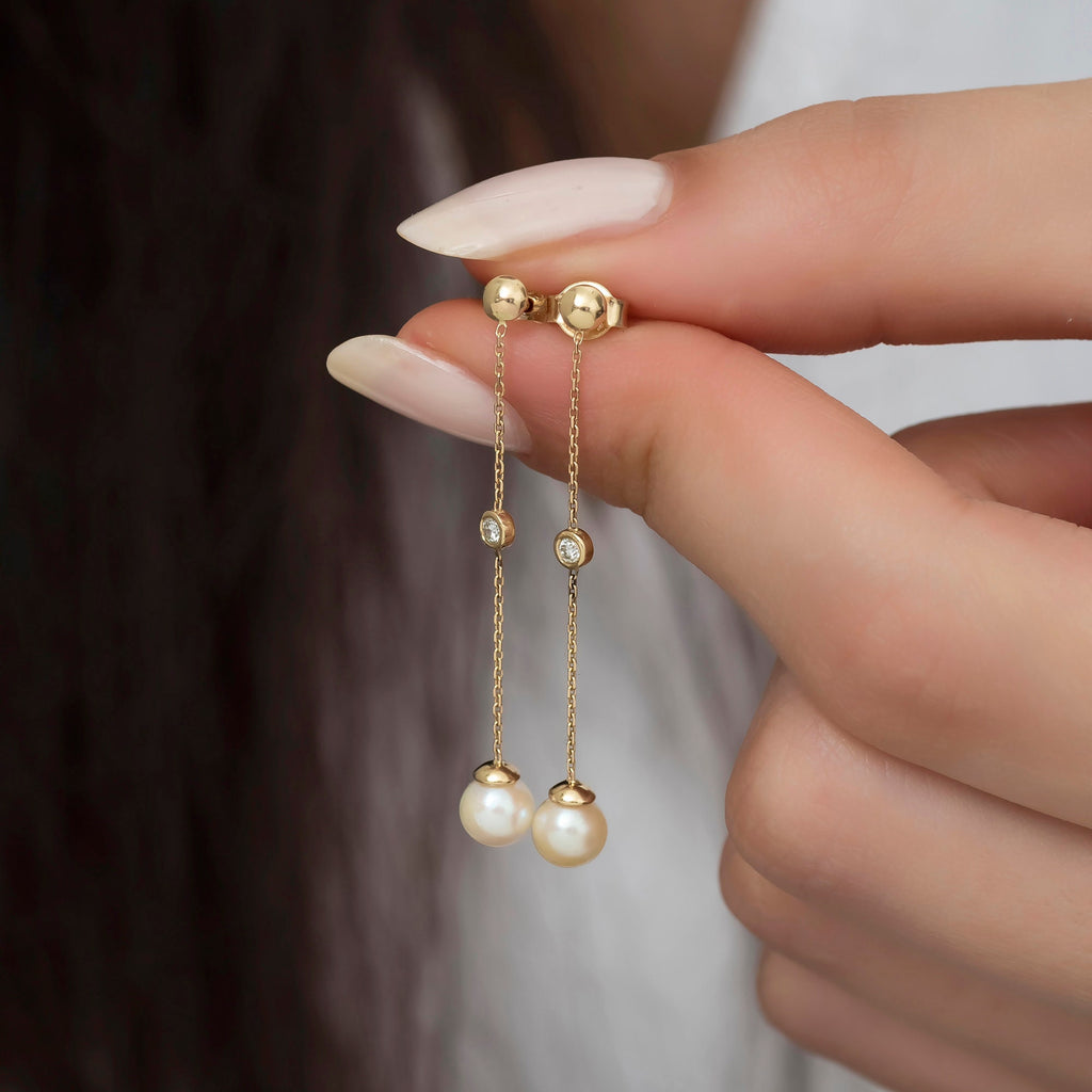 14K Gold Diamond Pearl Earrings — Serene