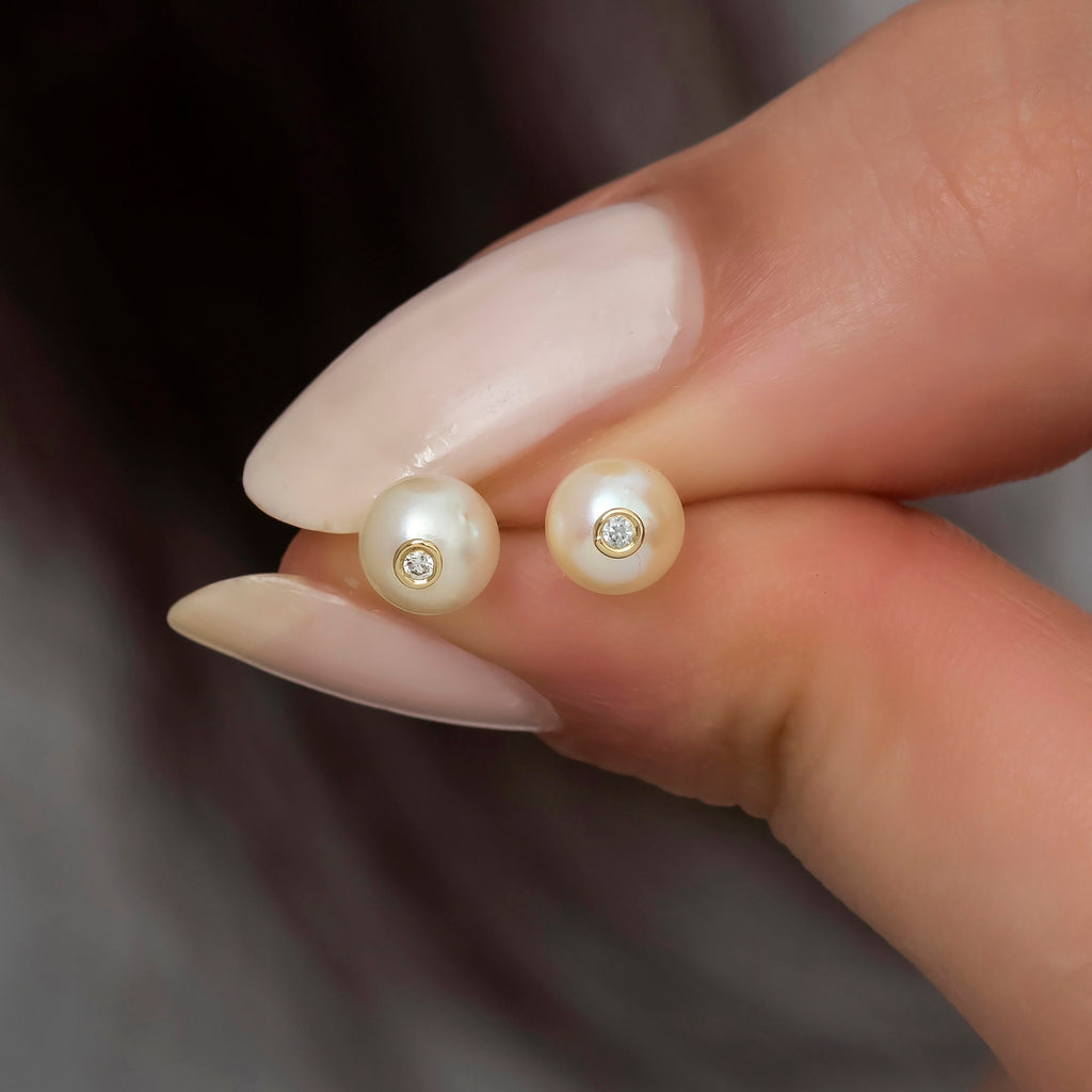 14K Gold Diamond Pearl Stud Earrings — Eclat