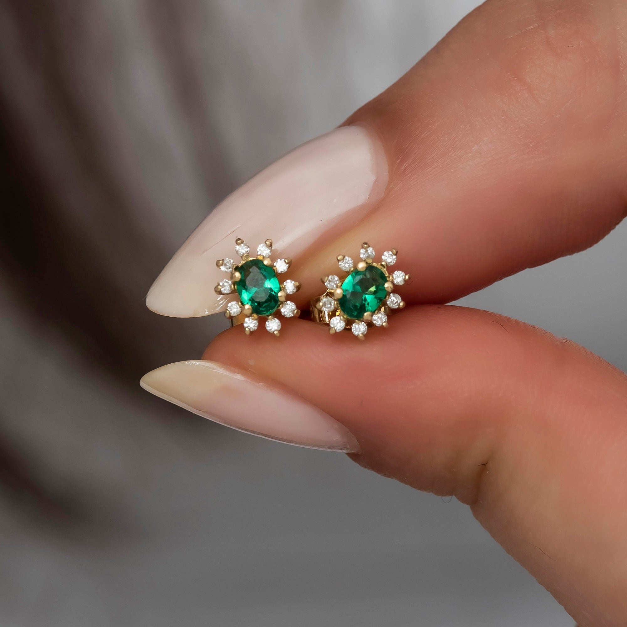 14K Gold Emerald & Diamond Oval Earrings – Astra