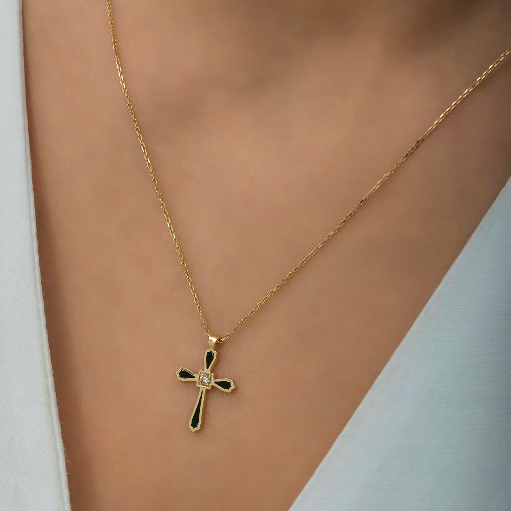 14K Gold Diamond Enamel Cross Necklace – Celestine