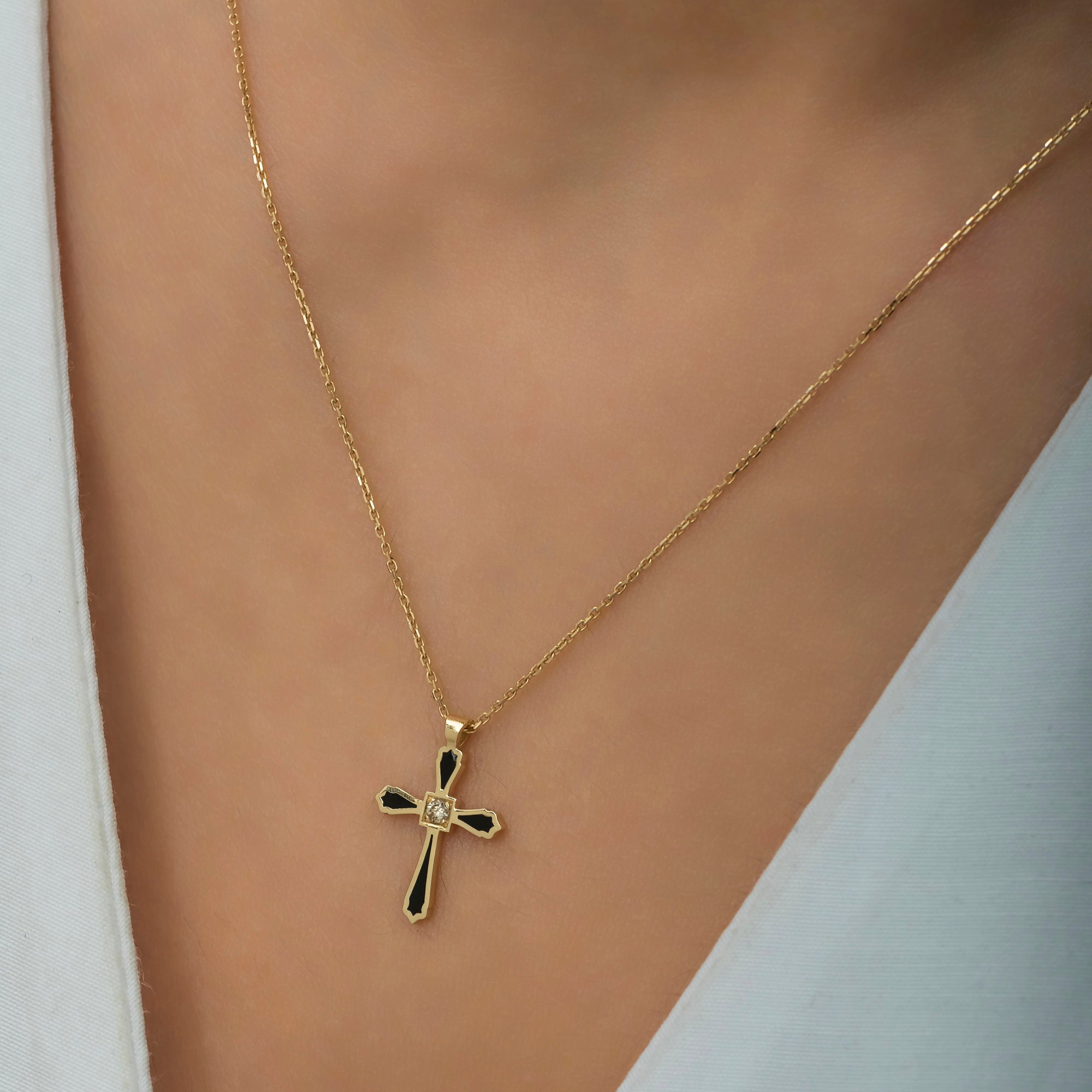 14K Gold Diamond Enamel Cross Necklace – Celestine