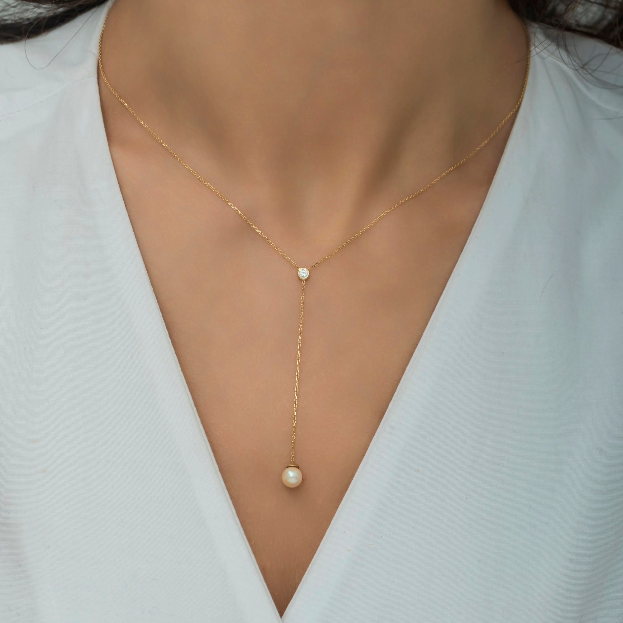14K Gold Diamond & Pearl Necklace – Aurelia