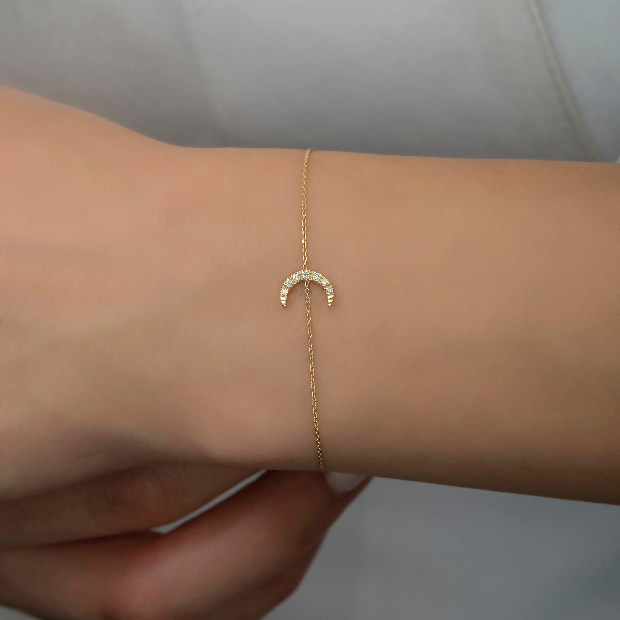 14K Gold Diamond Crescent Moon Bracelets for Woman/ Diamond Moon Bracelets Gifts for Her/ 14K Gold Woman Bracelets/  Christmas Gifts