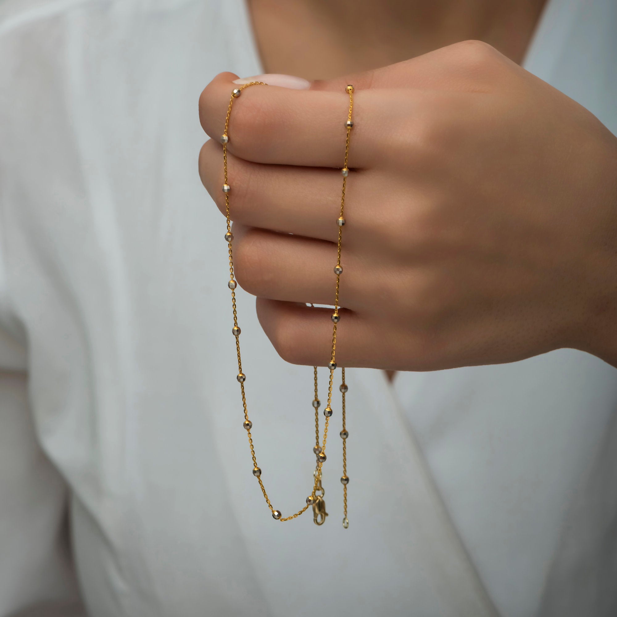 14K Gold Dainty Saturn Chain Necklace for Woman / 14K Solid Yellow Gold Chain Necklaces/ Cable Saturn Curb Chain/ Christmas Gifts