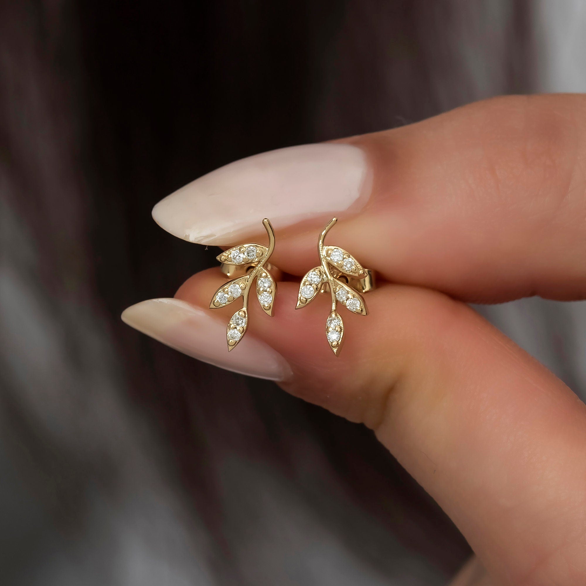 14K Gold Diamond Leaf Stud Earrings – Folia