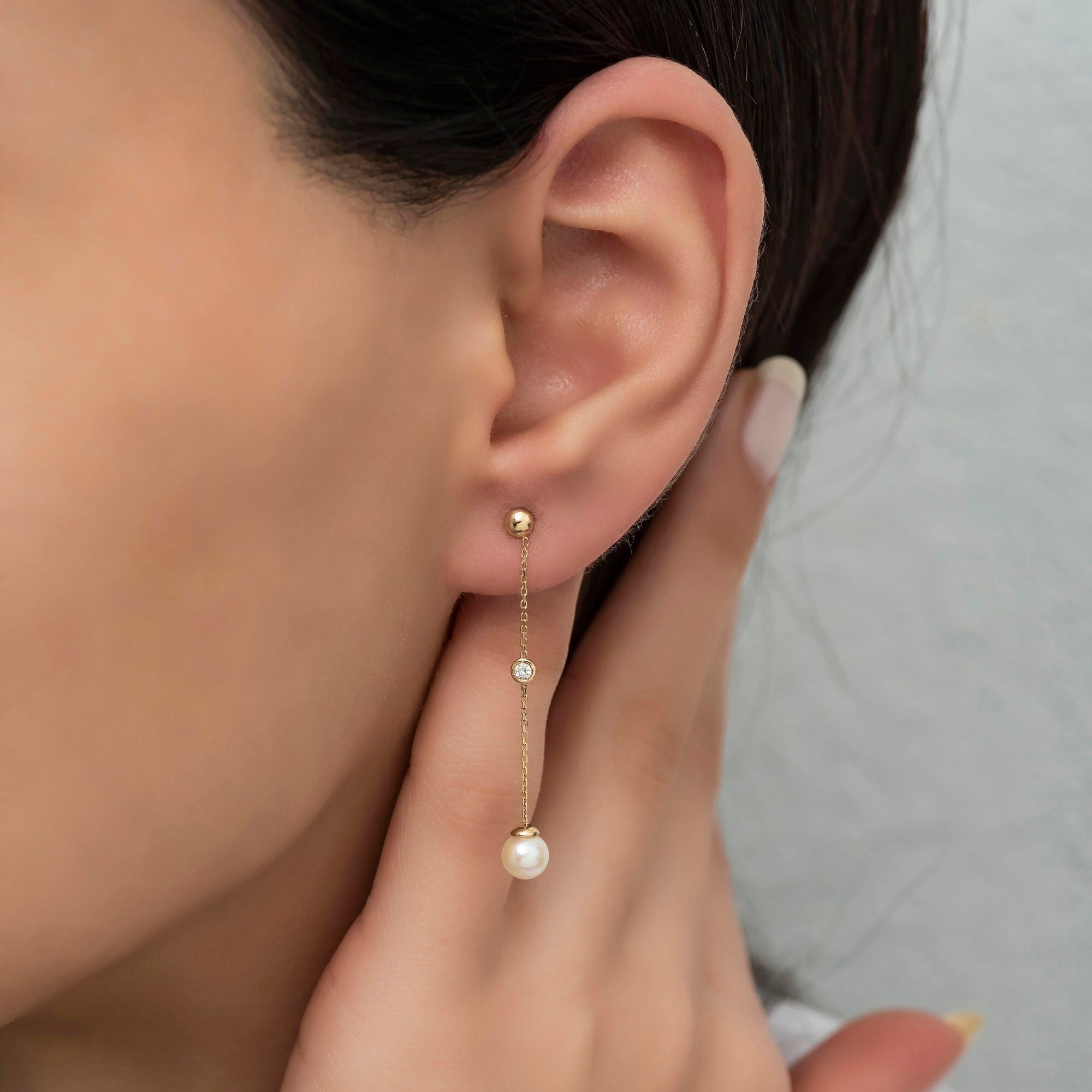 14K Gold Diamond Pearl Earrings — Serene