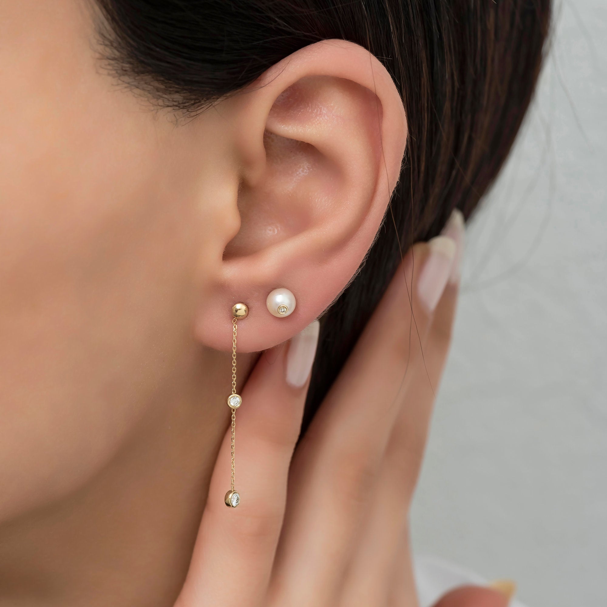 14K Gold Diamond Long Chain Earrings — Elara