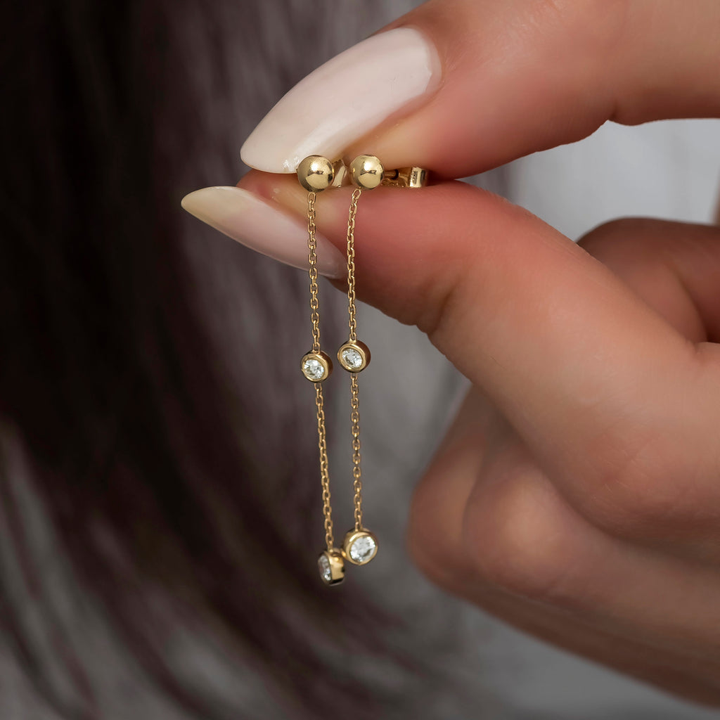 14K Gold Diamond Long Chain Earrings — Elara