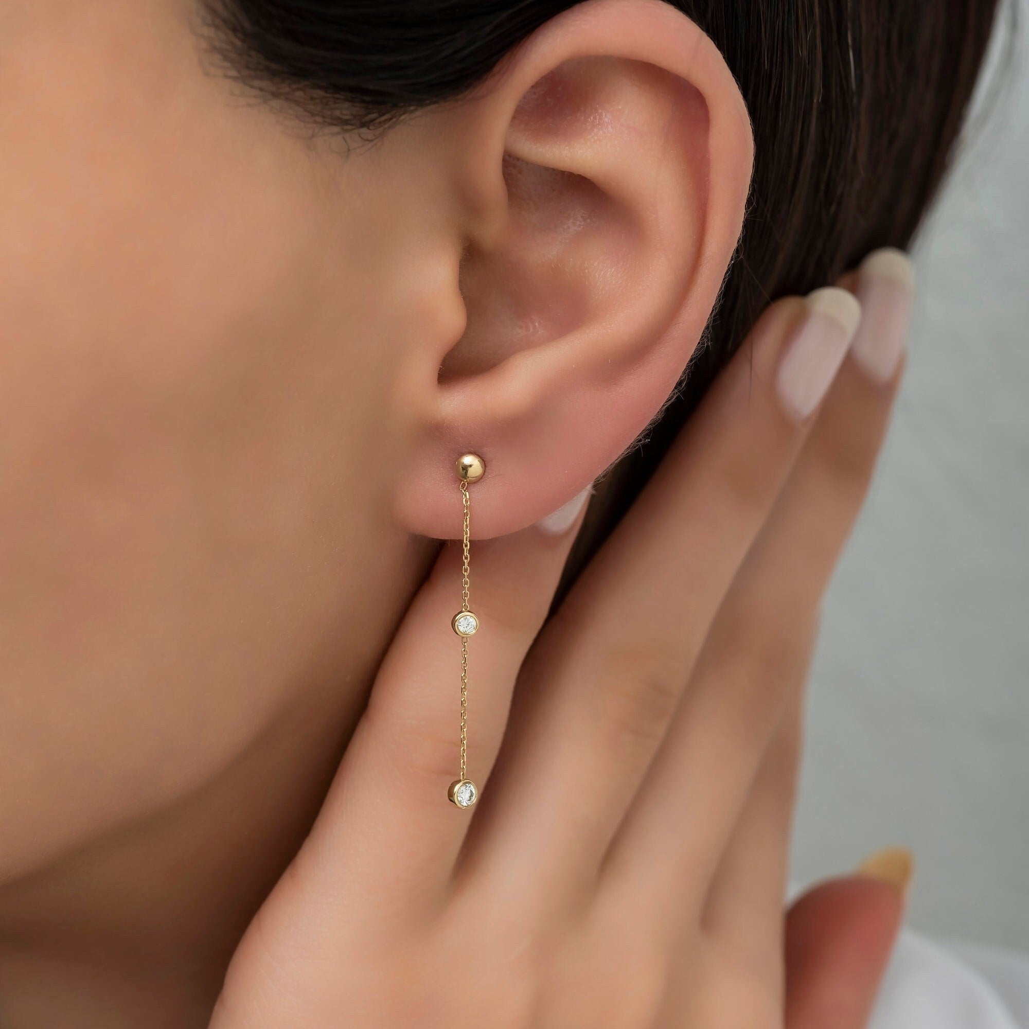 14K Gold Diamond Long Chain Earrings — Elara