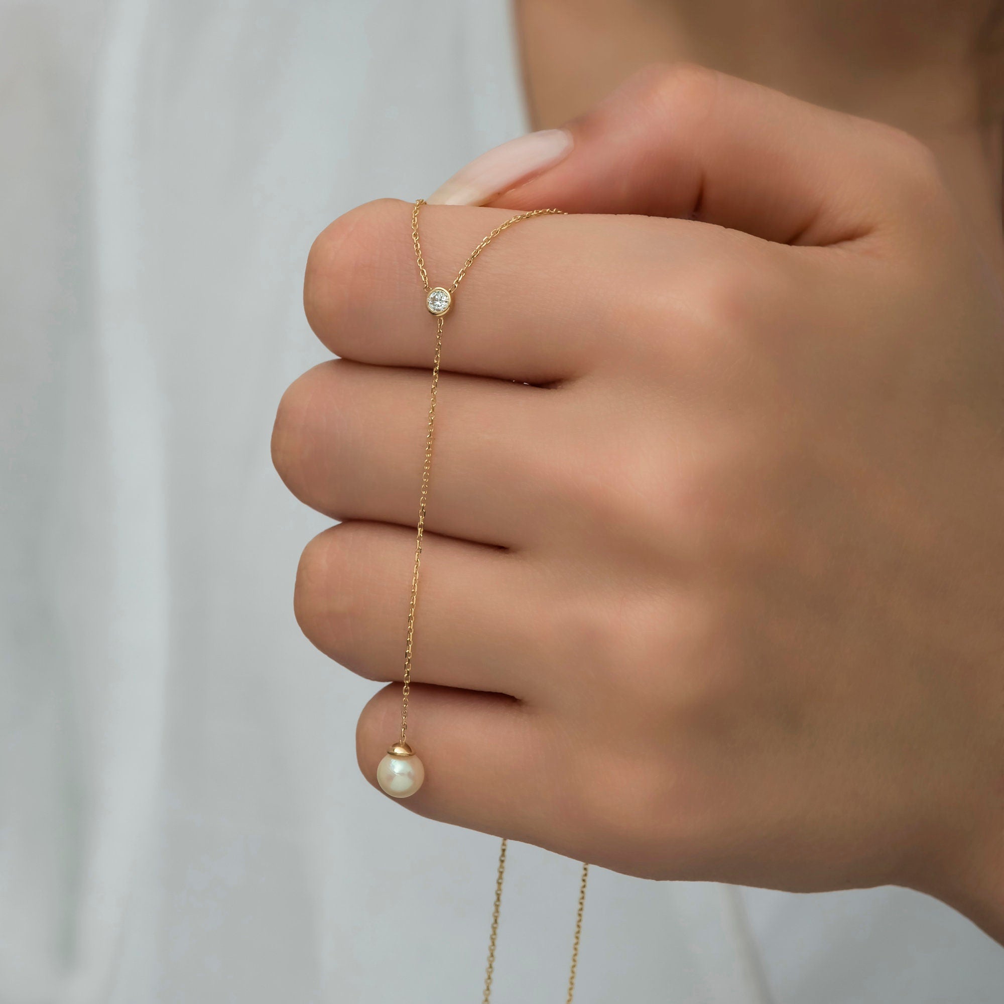 14K Gold Diamond & Pearl Necklace – Aurelia