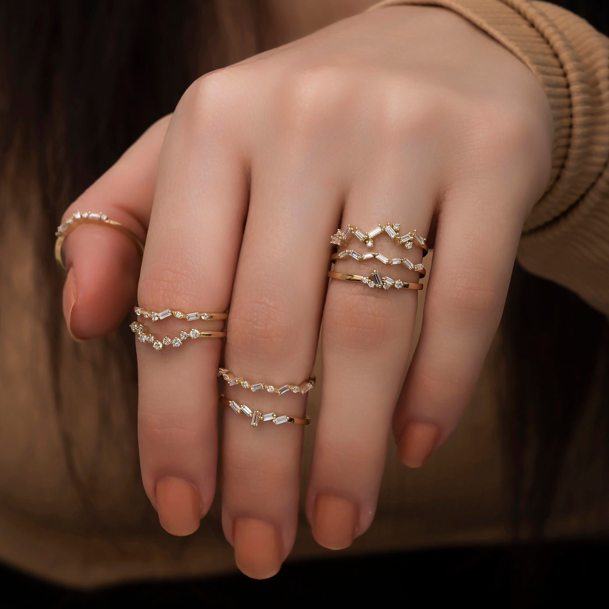 14K Gold Baguet Diamond Rings for Woman/ Unique Diamond Stackable Ring/ Diamond Cluster Ring/ Birthday Gifts for Her/ Valentine's Day Gift