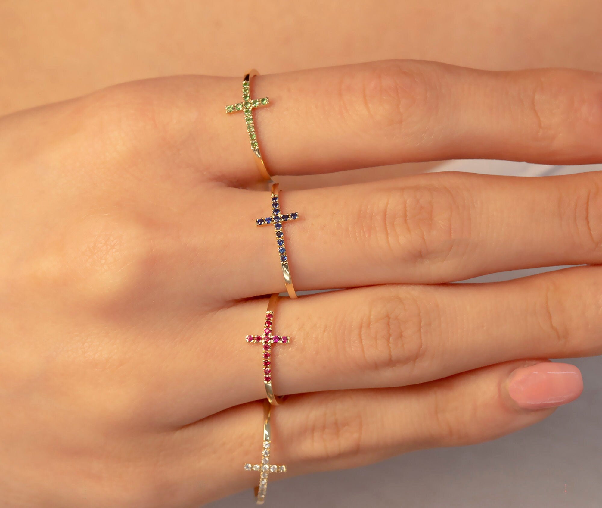 14K Gold Diamond Cross Rings/Dainty Band Rings Gold Diamond, Sapphire, Emerald and Ruby Cross Rings/ Holiday Gifts/ Christmas Gifts/ The Mom