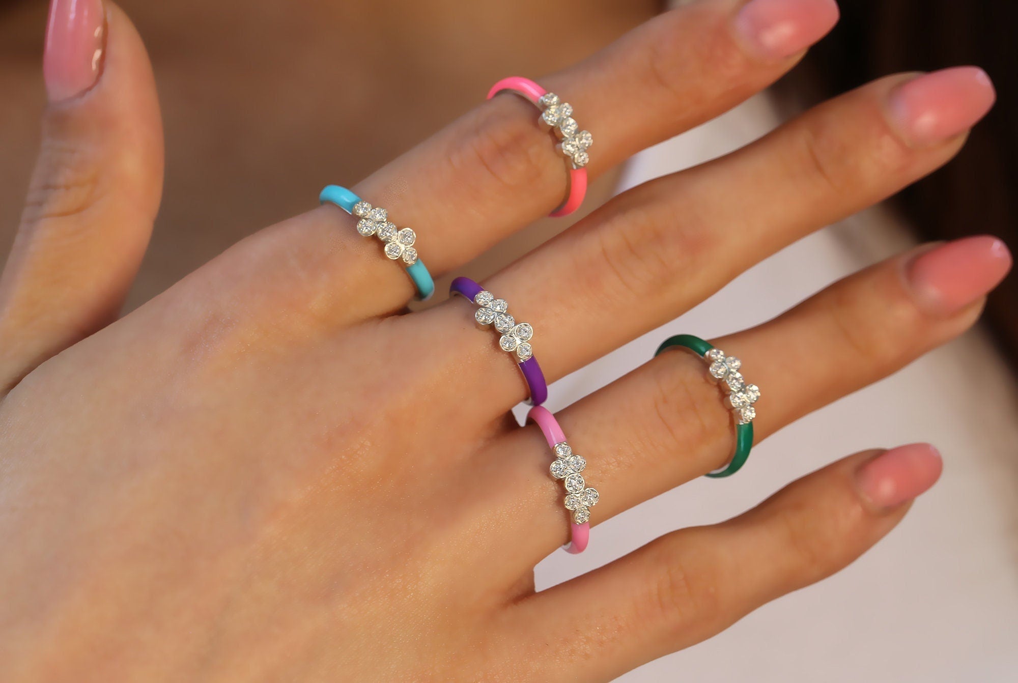 14K Gold Pink Enamel Diamond Ring – Rosavel