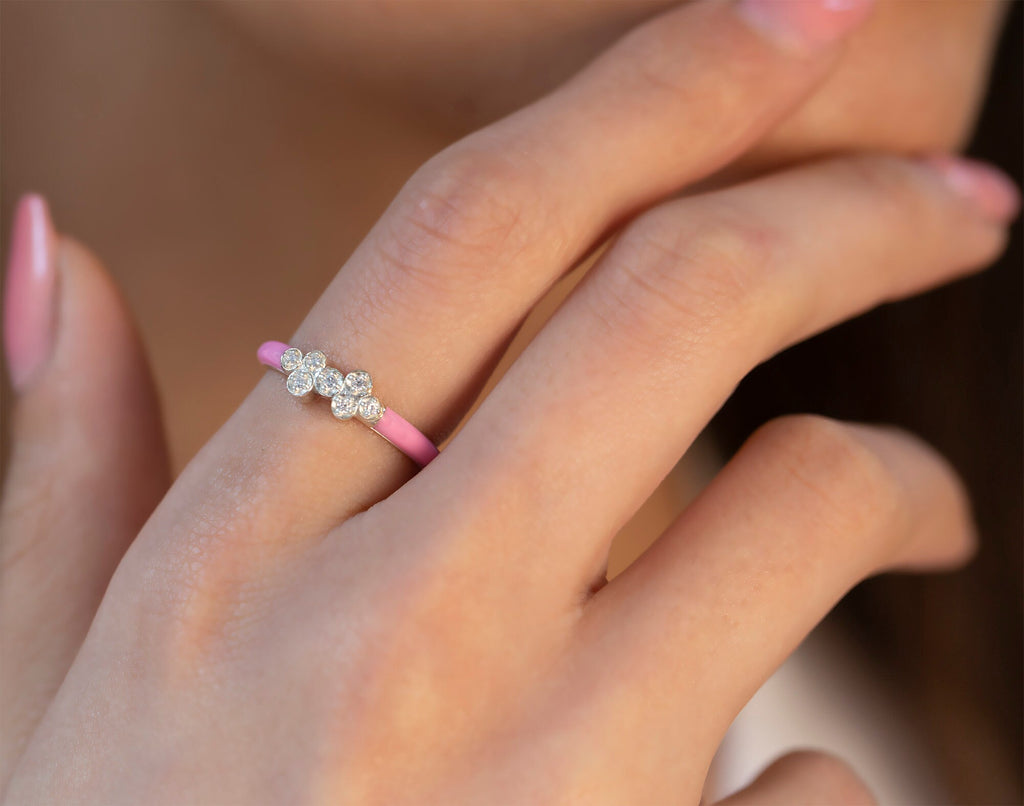 14K Gold Pink Enamel Diamond Ring – Rosavel