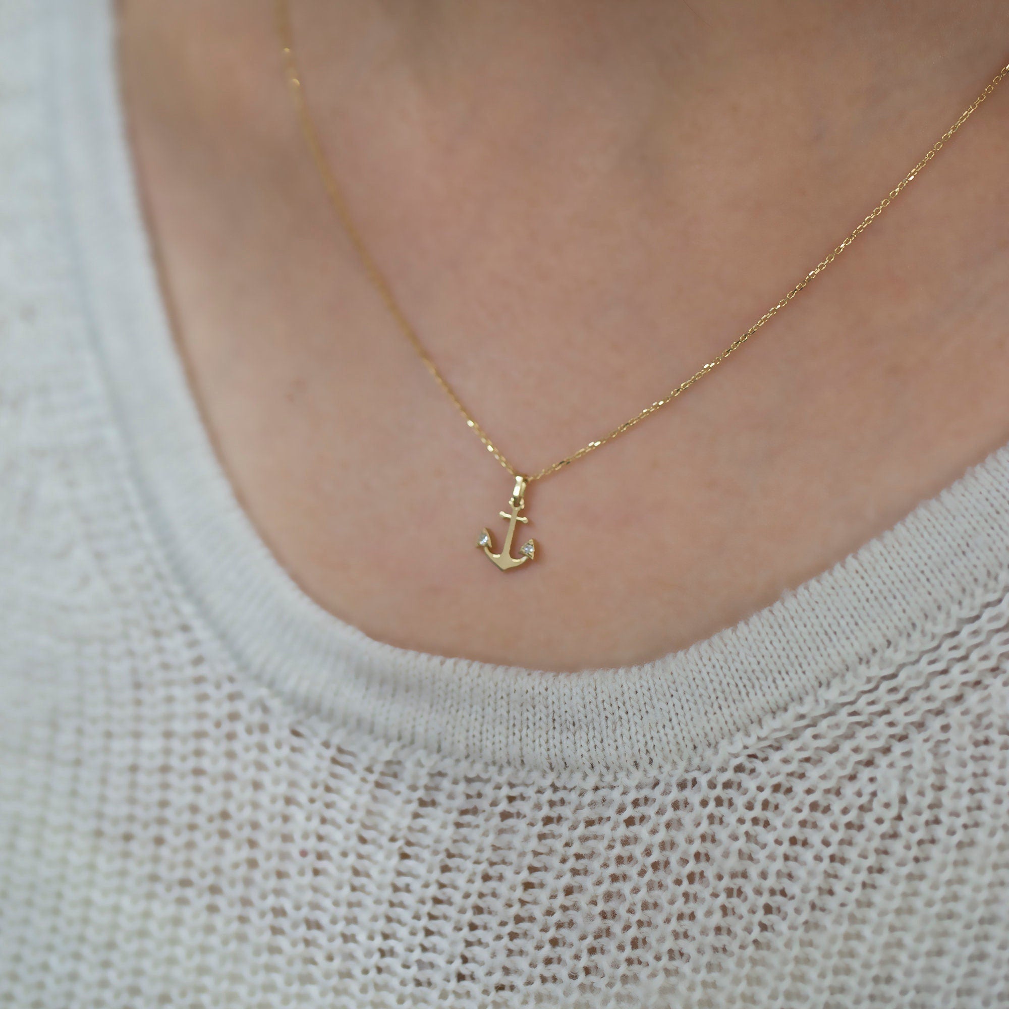 14K Gold Diamond Anchor Necklace for Woman/ Minimalist Gold Anchor Pendants/ Diamond Charm Necklace/ Christmas Gifts/ The Mom/ Birthday