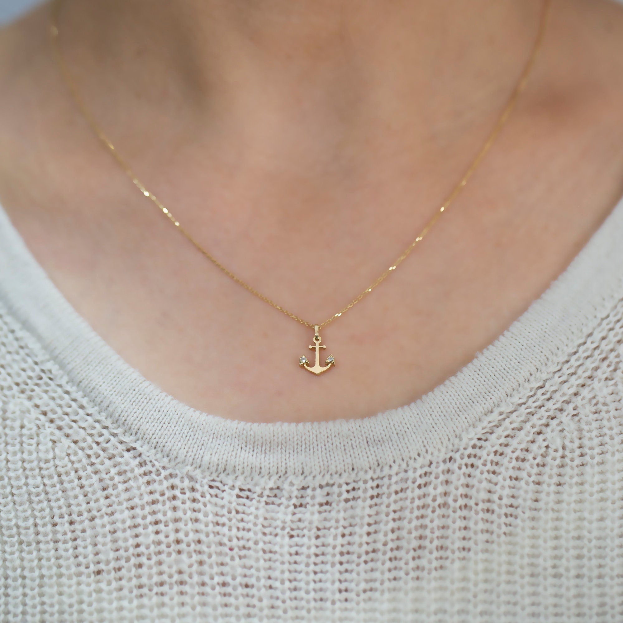 14K Gold Diamond Anchor Necklace for Woman/ Minimalist Gold Anchor Pendants/ Diamond Charm Necklace/ Christmas Gifts/ The Mom/ Birthday