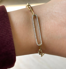 14K Gold Diamond Paperclip Bracelet with Framed for Woman/ Gold Diamond Paperclip Chain Bracelets/ The Mom/ Gift for Her/ Gift for Her