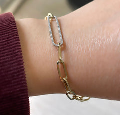 14K Gold Diamond Paperclip Bracelet with Framed for Woman/ Gold Diamond Paperclip Chain Bracelets/ The Mom/ Gift for Her/ Gift for Her