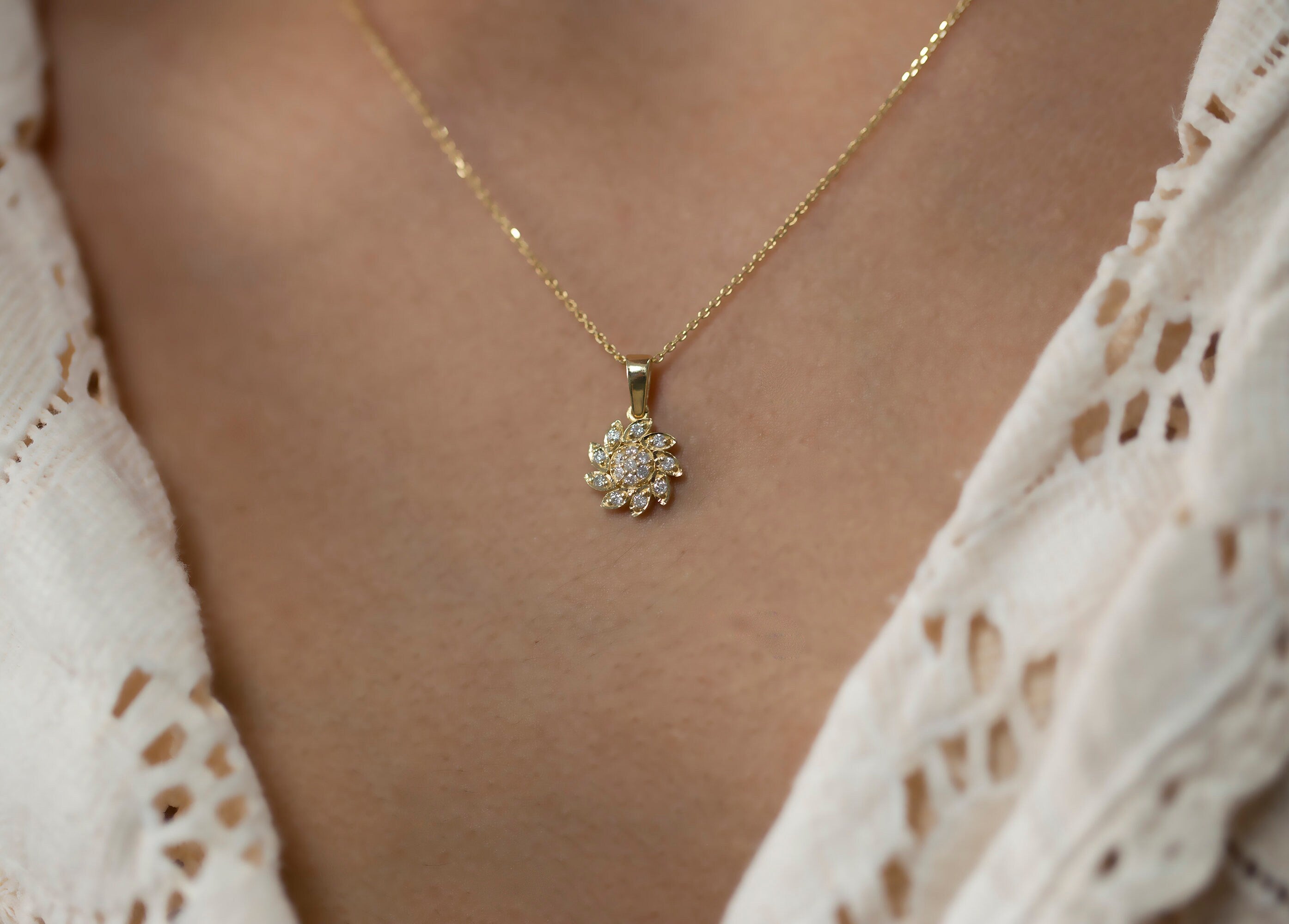 14K Gold Diamond Swirl Flower Necklace –  Eterna