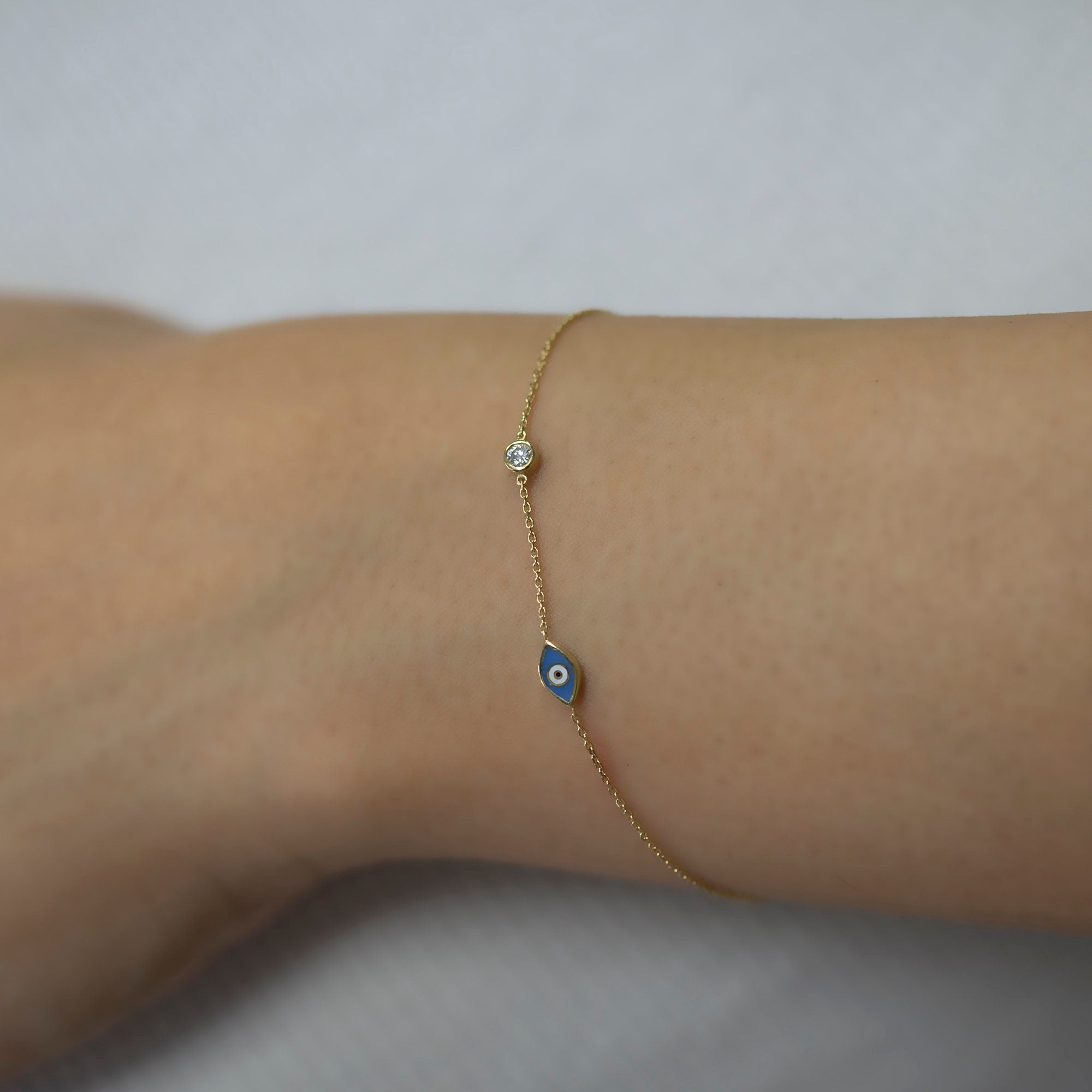 14K Gold Diamond Blue Evil Eye Bracelet for Woman/ Diamond Gold Evil Eye Protection Bracelets Gift for Her/  Christmas Gifts/ The Mom