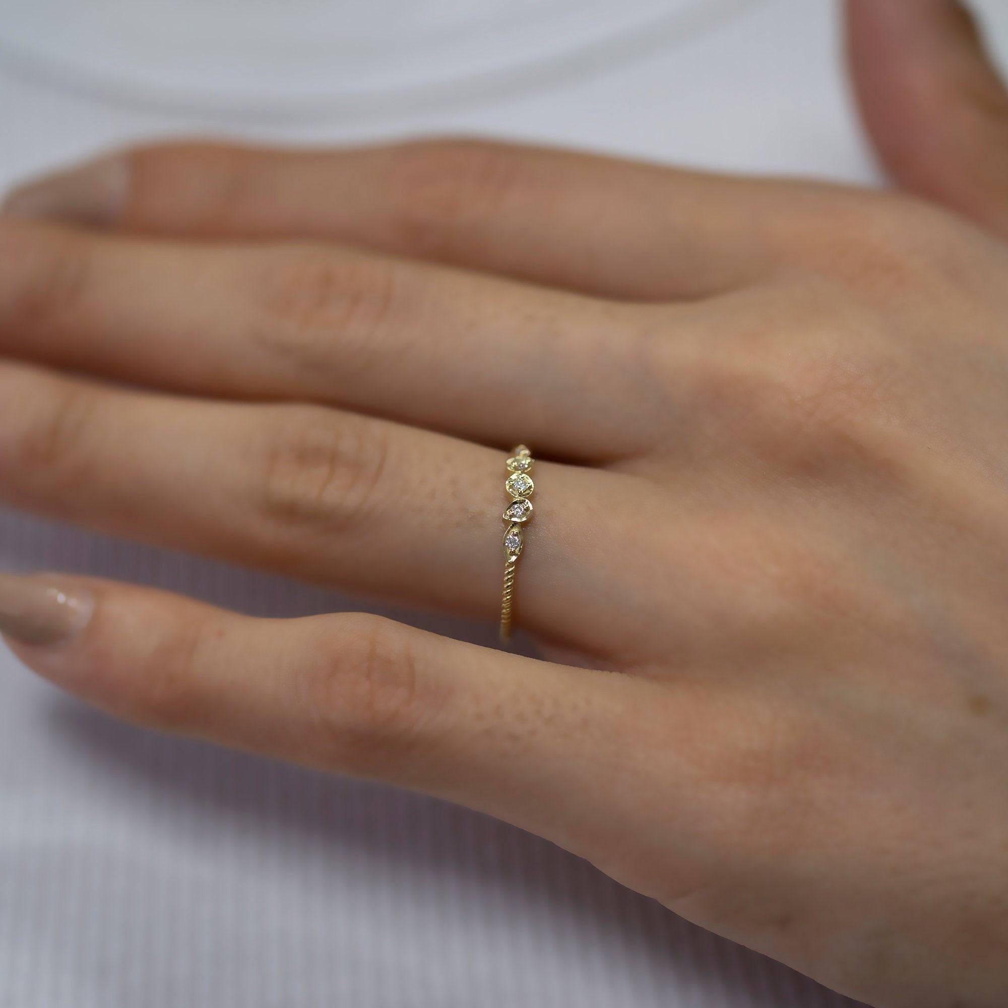 14K Gold Twisted Diamond Stackable Ring — Elara