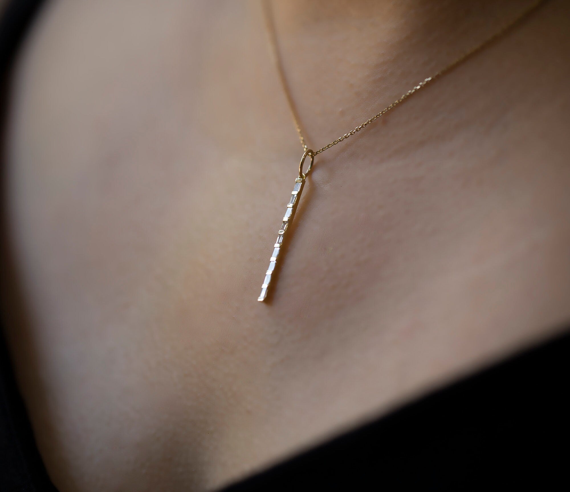 14K Gold Baguet Diamond Necklace for Woman / Gold Diamond Necklaces / Dainty Gold Diamond Necklace Gift for Her/  Christmas Gifts