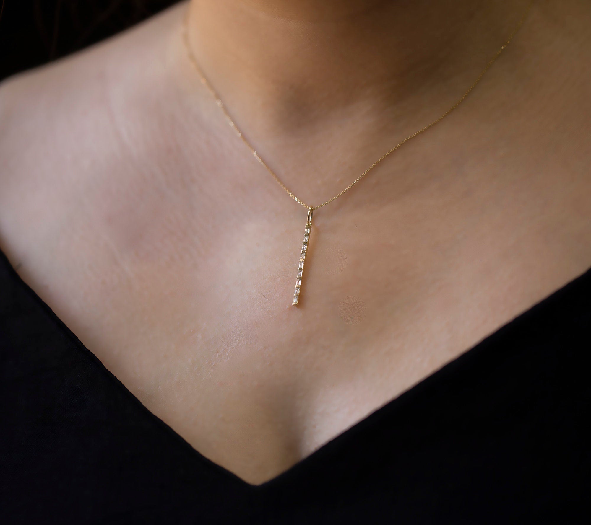 14K Gold Baguet Diamond Necklace for Woman / Gold Diamond Necklaces / Dainty Gold Diamond Necklace Gift for Her/  Christmas Gifts