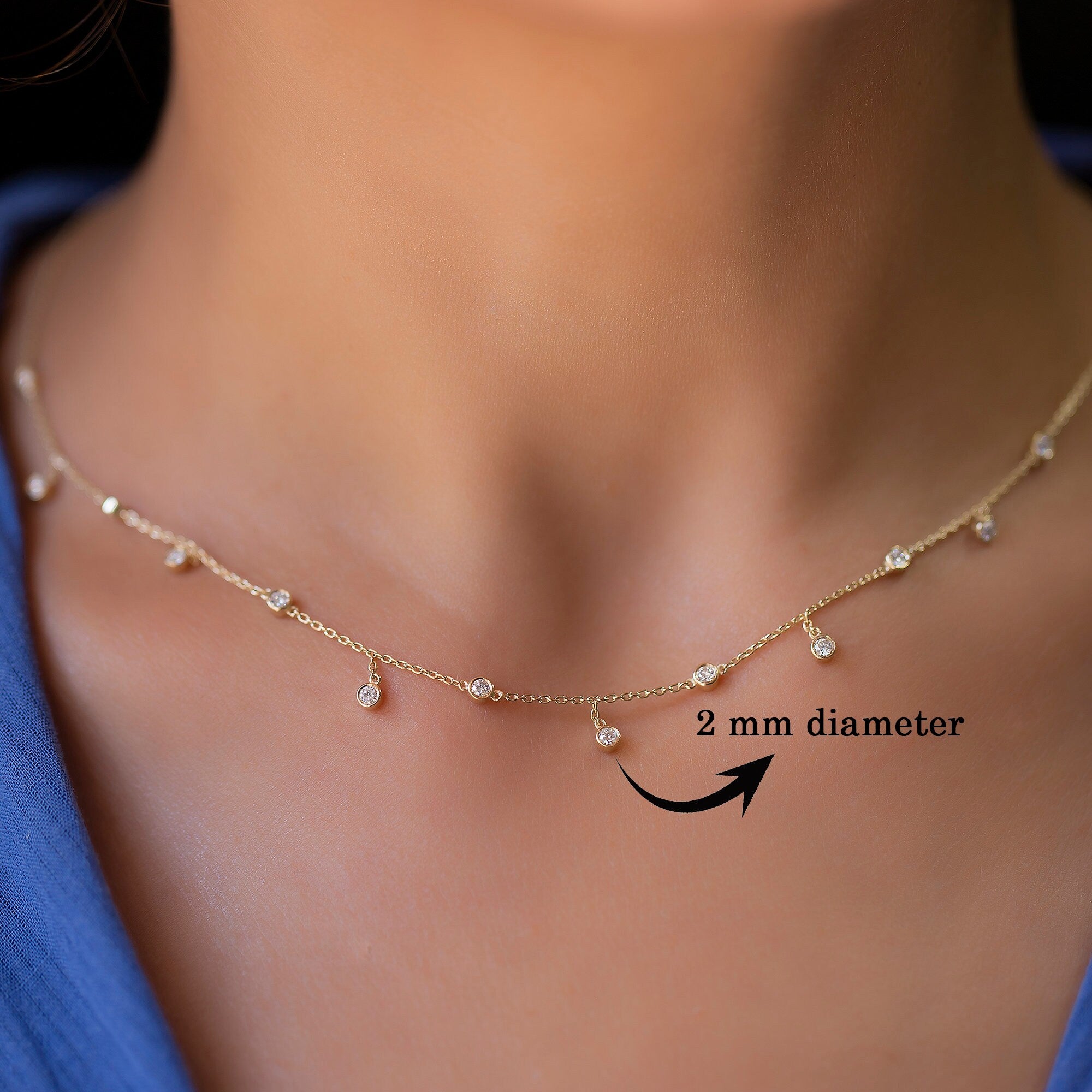 14K Gold Diamond by the Yard Necklace/ Diamond Bezel Setting Necklace for Woman/ Dainty Diamond Necklace Gift for Her/ Christmas Gifts/ Mom