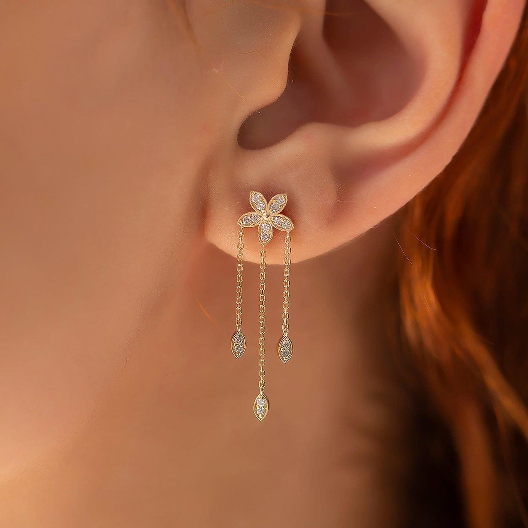 14K Gold Diamond Long Triple-Chain Flower Earrings – Florayne