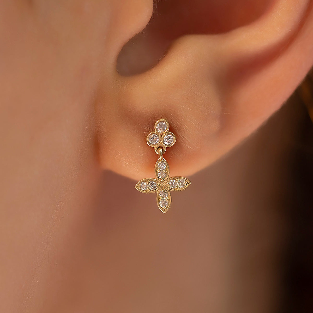 14K Gold Long Dangling Diamond Flower Stud Earrings / Diamond Clover Flower Stud Earrings / Dainty Flower Studs Earring/ Christmas Gifts