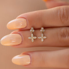 14K Gold Long Dangling Diamond Flower Stud Earrings – Lirienne