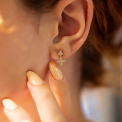 14K Gold Long Dangling Diamond Flower Stud Earrings – Lirienne