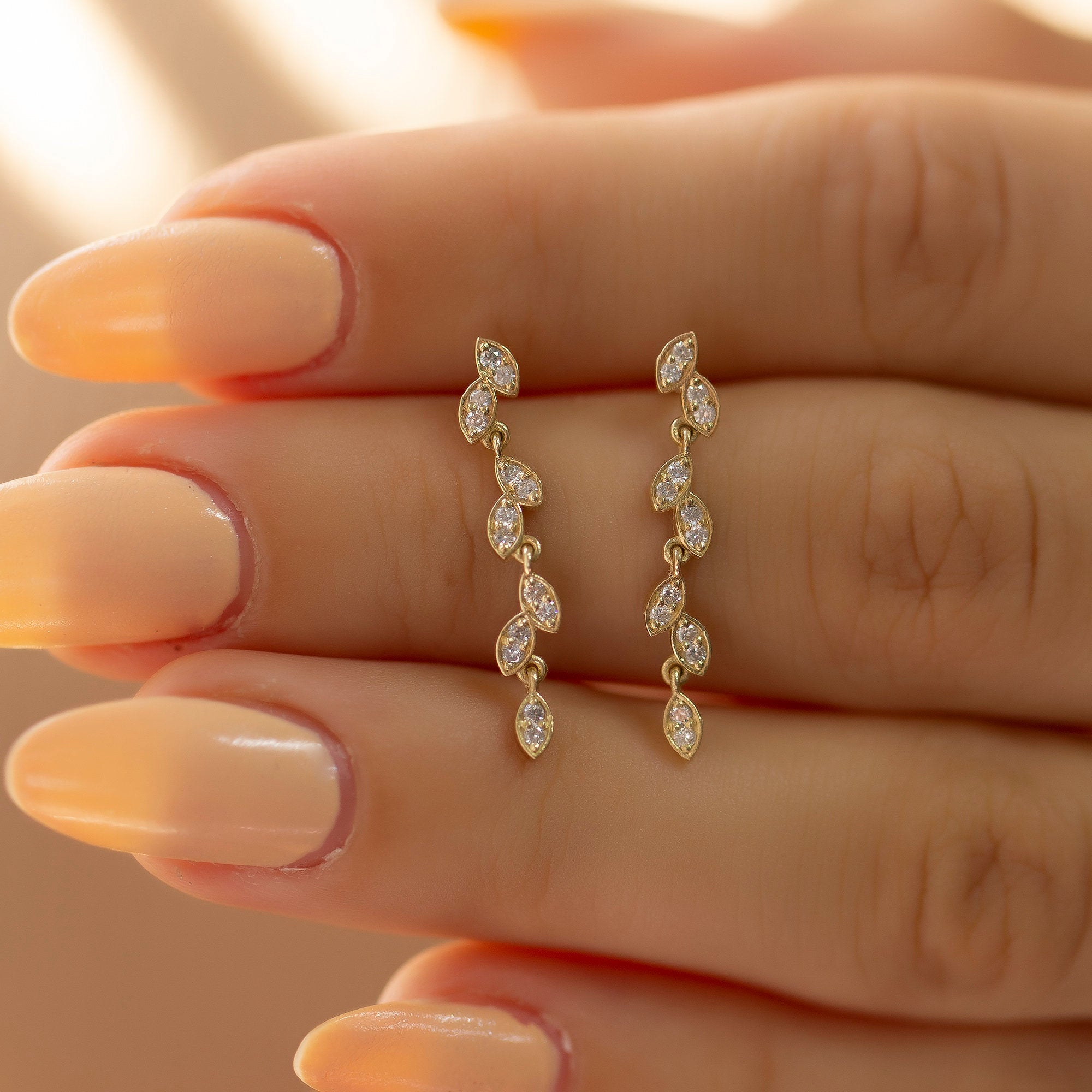 14K Gold Diamond Vine Dangle Earrings: Elegant Drop Jewelry