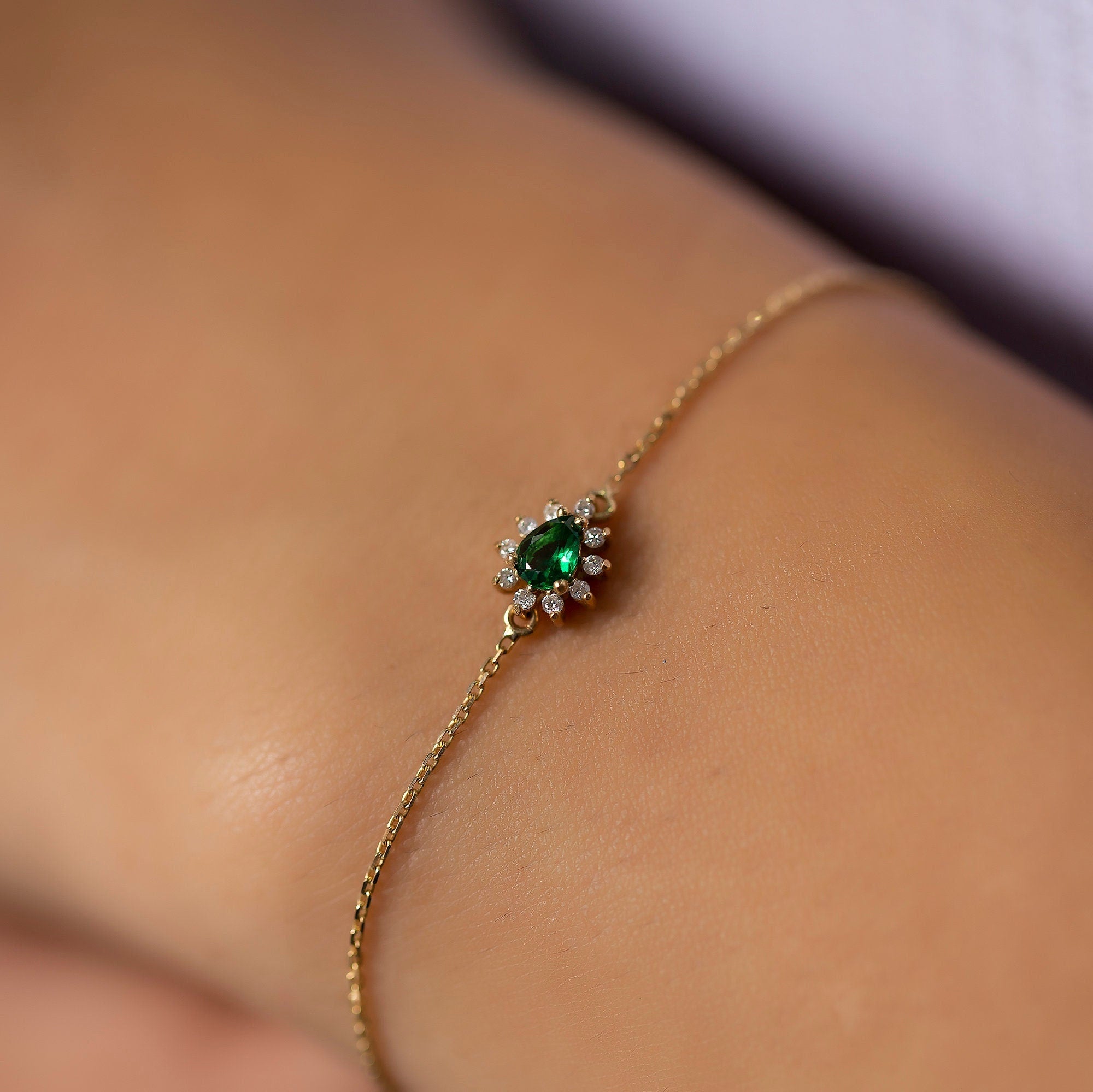 14K Gold Emerald & Diamond Pear Bracelet – Astra