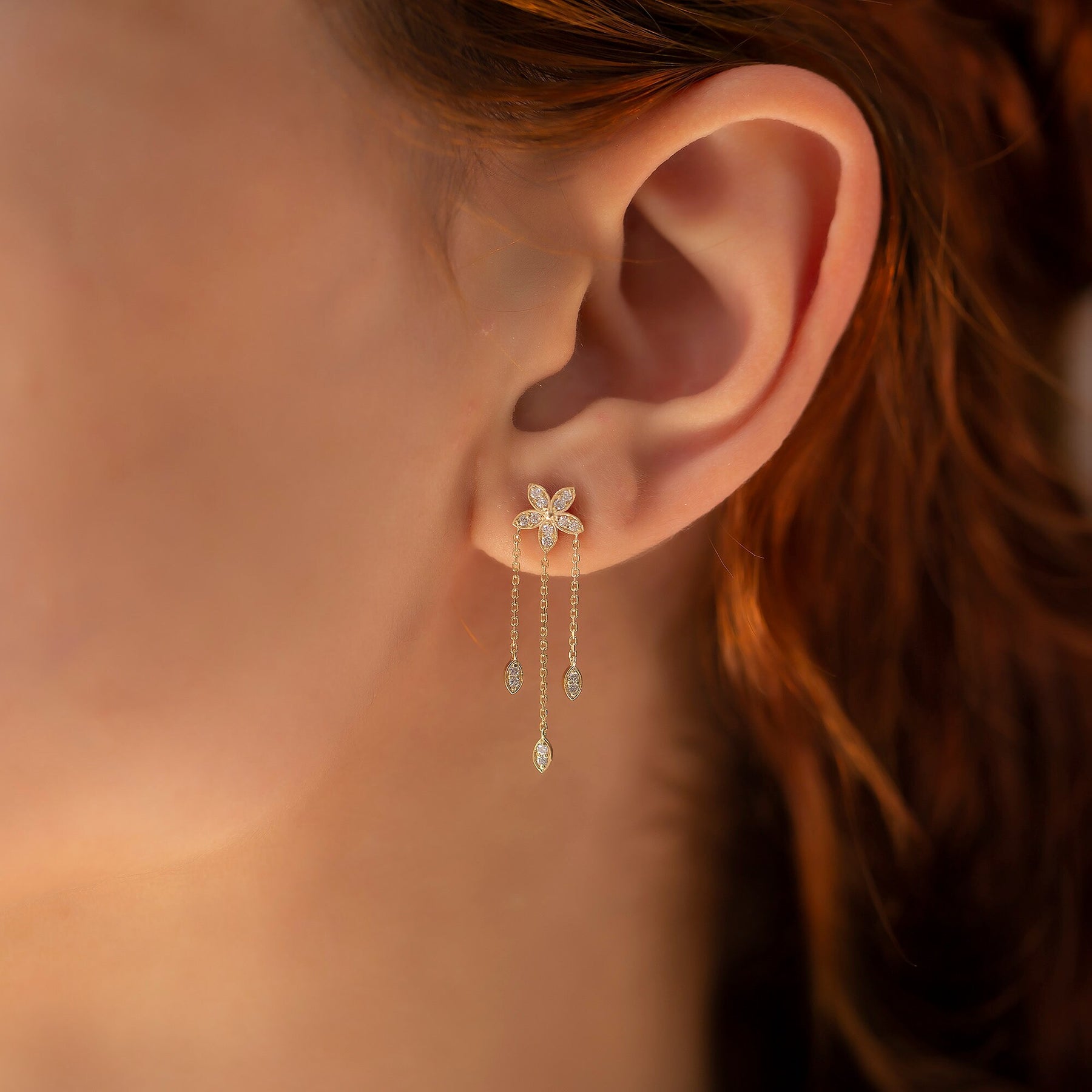 14K Gold Diamond Long Triple-Chain Flower Earrings – Florayne