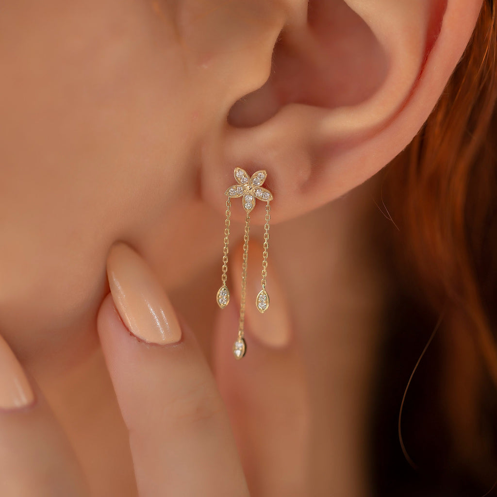 14K Gold Diamond Long Triple-Chain Flower Earrings – Florayne