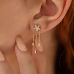 14K Gold Diamond Long Triple-Chain Flower Earrings – Florayne