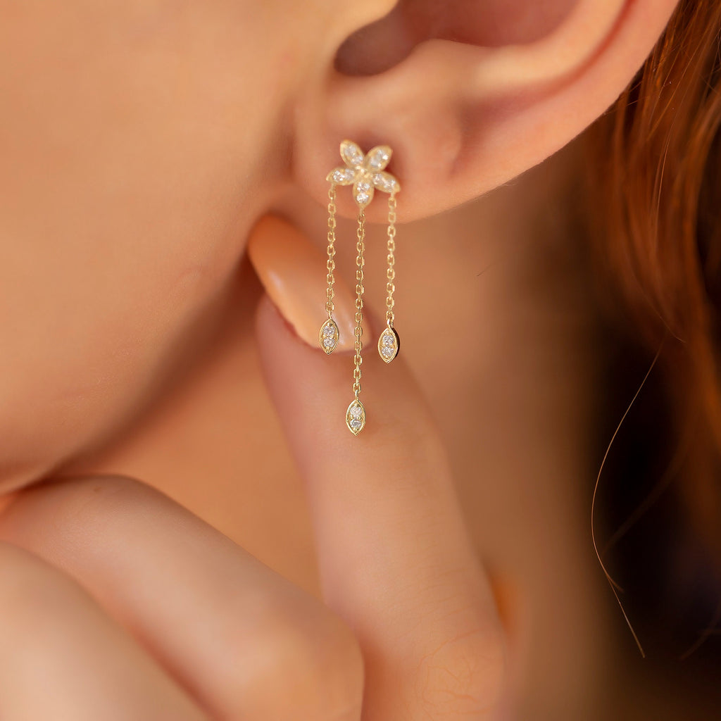14K Gold Diamond Long Triple-Chain Flower Earrings – Florayne