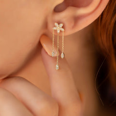 14K Gold Diamond Long Triple-Chain Flower Earrings – Florayne
