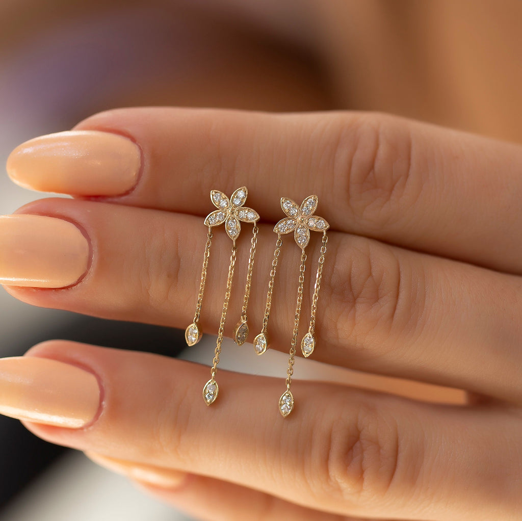 14K Gold Diamond Long Triple-Chain Flower Earrings – Florayne