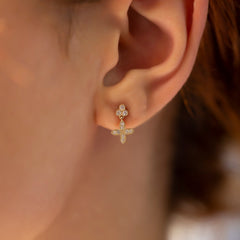 14K Gold Long Dangling Diamond Flower Stud Earrings – Lirienne