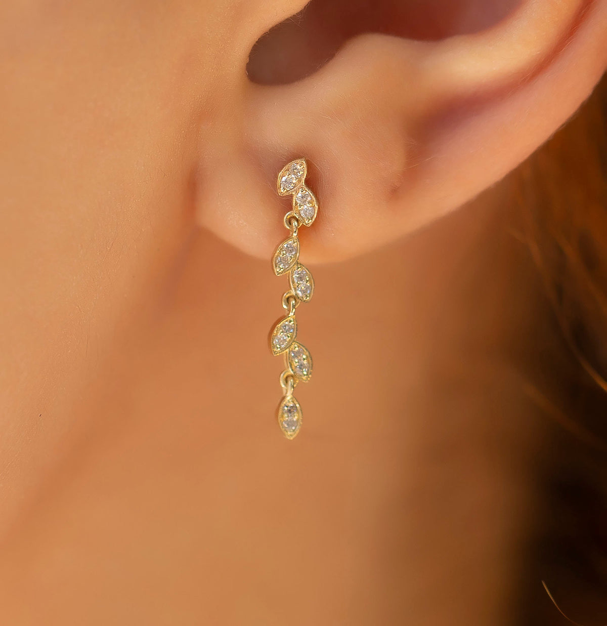 14K Gold Diamond Vine Dangle Earrings: Elegant Drop Jewelry
