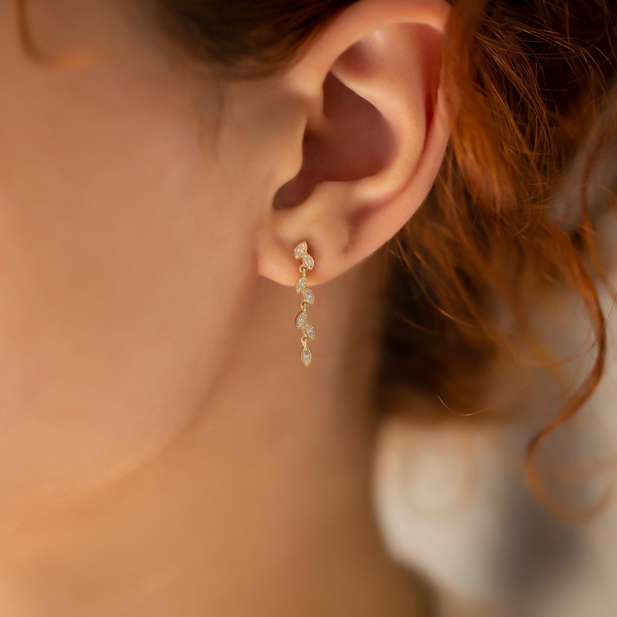 14K Gold Diamond Vine Dangle Earrings: Elegant Drop Jewelry